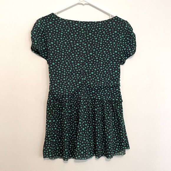 POSTMARK ANTHROPOLOGIE ANTHRO Gray ? Green Polka Dot Ruched Preppy Peplum Blouse - Picture 11 of 13